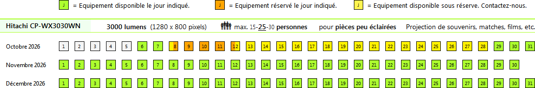 Calendrier des réservations et disponibilités de location du vidéoprojecteur Full HD de 3000 ANSI lumens Hitachi CP-WX3030WN de LocOrdi