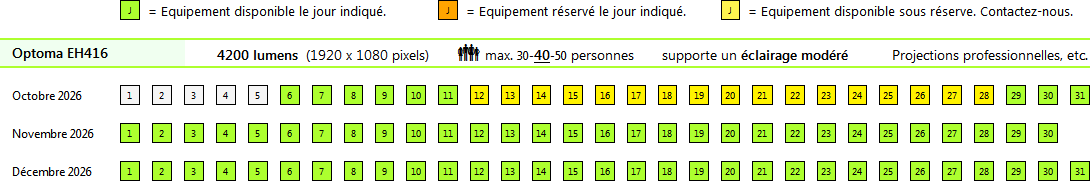Calendrier des réservations et disponibilités de location du vidéoprojecteur Full HD de 4200 ANSI lumens Optoma EH416 de LocOrdi